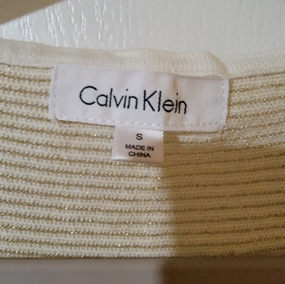 Calvin Klein Sleeveless Knit Top Shell Cream Gold Striped Sz S Classy Business - Picture 2 of 4